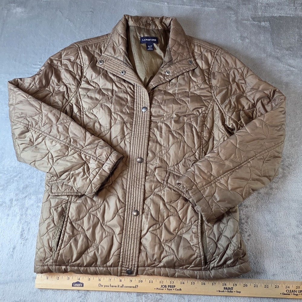 Lands' End Puffer Jacket Olive Green Quilted Mock Neck Full Zip Medium